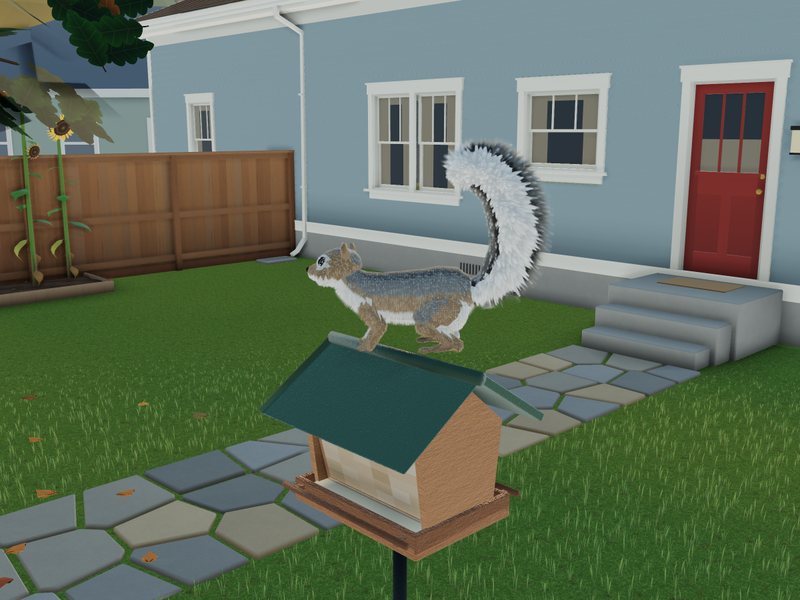 A furry gray squirrel standing on a hopper feeder's roof in front of a blue bungalow