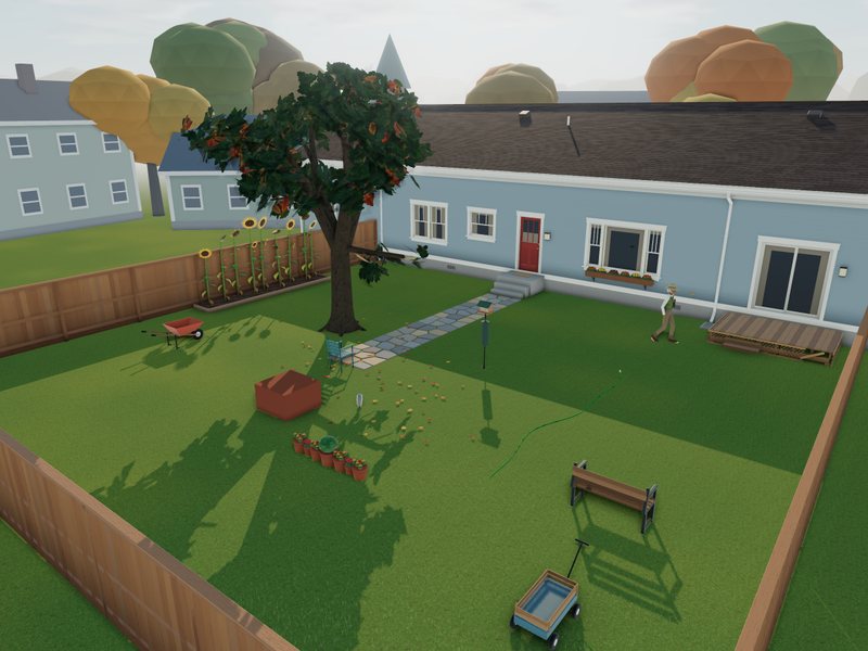 The whole backyard from above its back corner: the lawn, the oak, the fences and the neighbors' houses under a blue sky