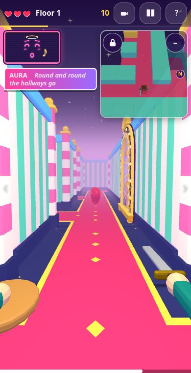 A candy-striped hallway in first person, with AURA's comment and the overview map