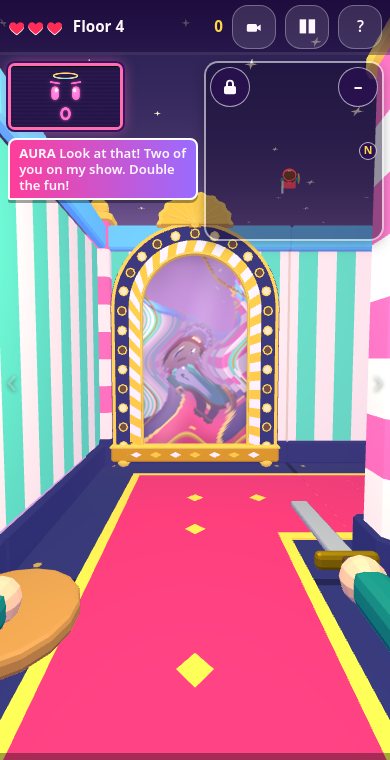 A carnival mirror at the end of a hallway: AURA says two of you on her show